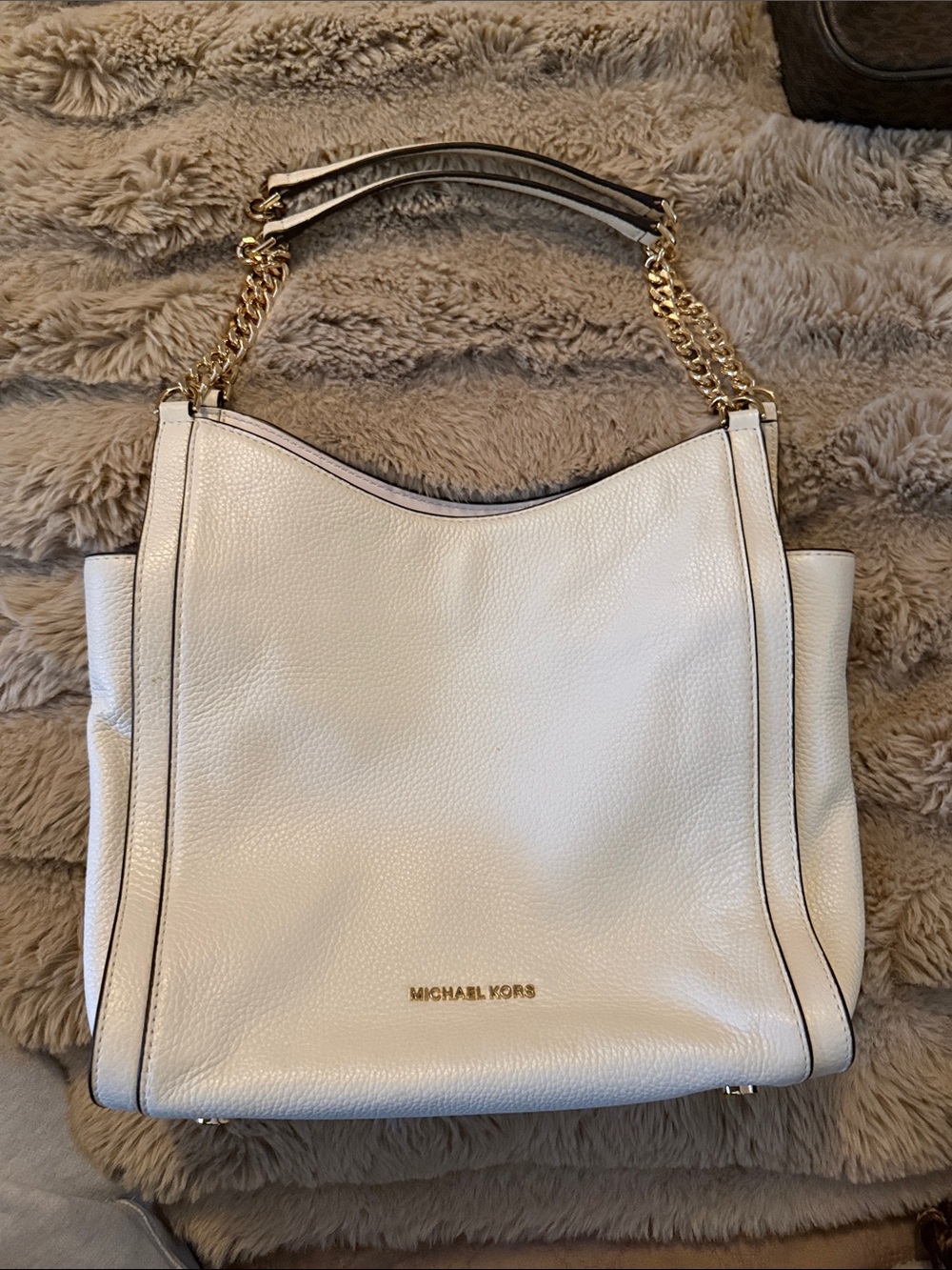 Michael Kors White Pebbled Leather Shoulder Bag with Gold Chain Straps